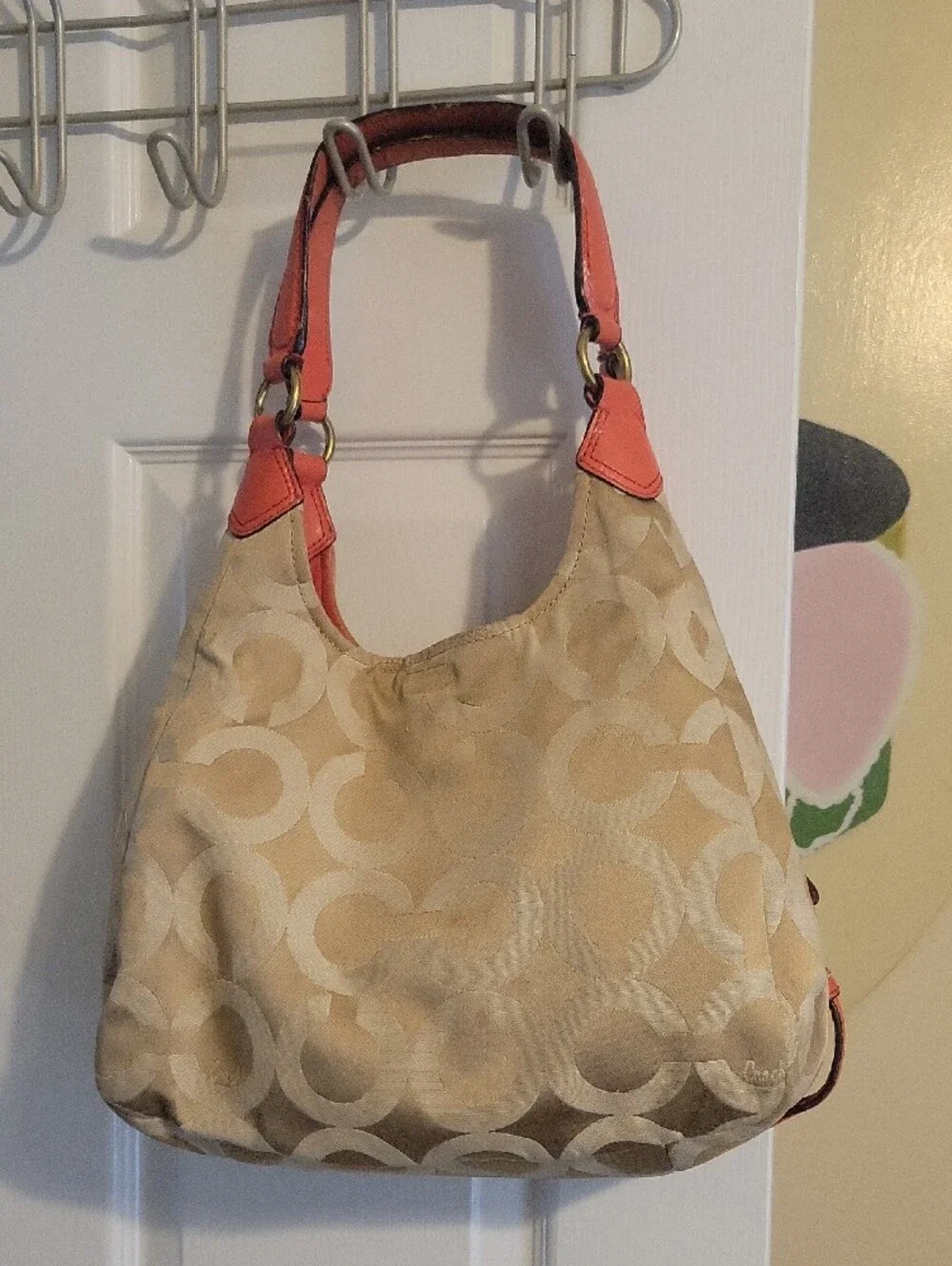 Coach; Signature Madison Op Art 'Maggie' Shoulder Bag; Minor Wear; 14x4x9in